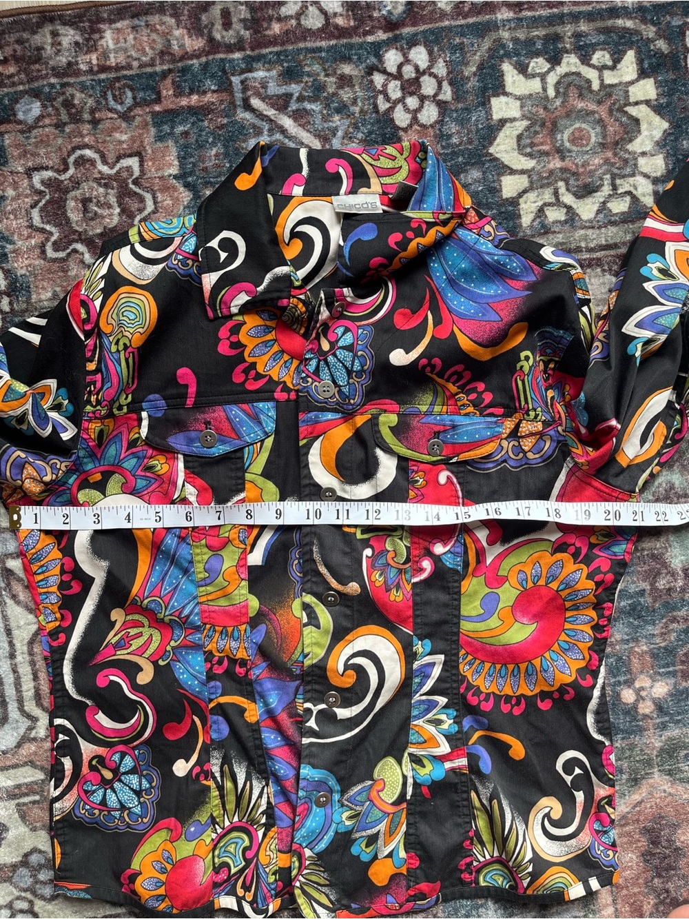 Women’s Vintage Chicos Vibrant Multicolor Paisley Print on Black Shirt Top M - Picture 6 of 6